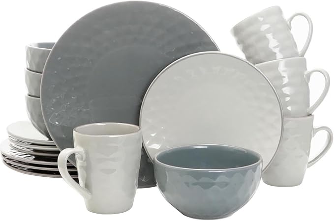 Luxurious 16 Piece Pearl Dinnerware Set - Stoneware Service for 4 Elegant Slate &amp Stone Finish Dishwasher &amp Microwave Safe Diamond Texture (Stone &amp Pearl)