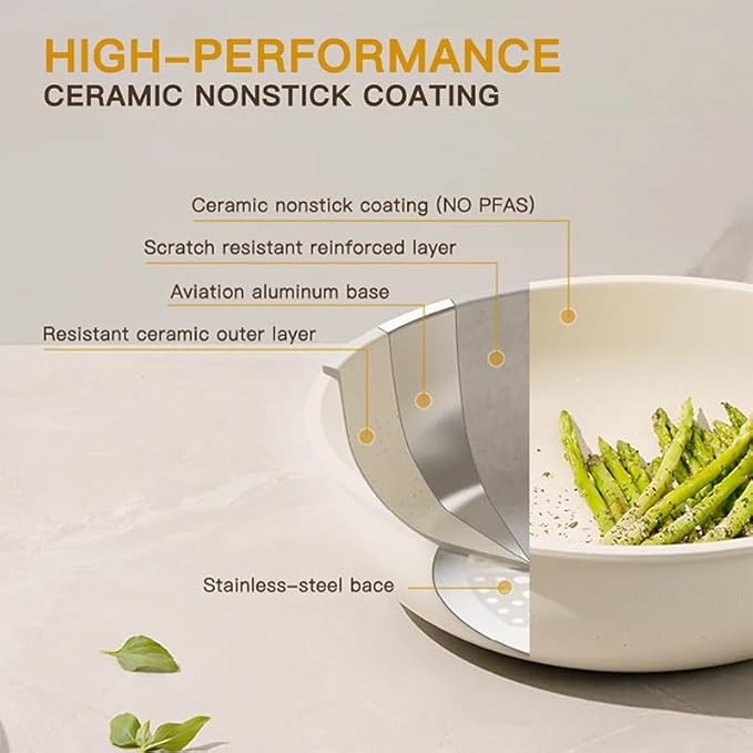 21 Piece Pots and Pans Set Non-Stick Ceramic Cookware Set with Sensor Handles Milky white