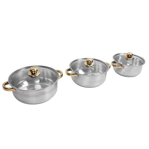 Pots and Pans SetPremium Stainless Steel Cookware Set - Proof and Stick Proof Pan and Pot Set with Gold Handles and Kettle - Ideal for Home Kitchens and Restaurants (Gold Handle with Kettle)