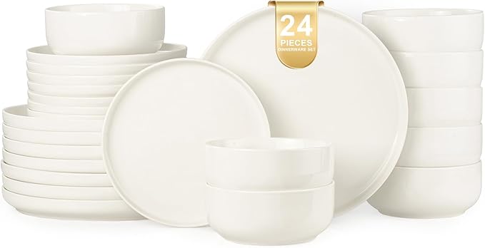 EWFEN Plates and Bowls Sets 24 Pieces Ceramic Dinnerware Set for 8 Stoneware Dishware Dishes Set Scratch Resistant Dishes Set Dishwasher &amp Microwave Safe White