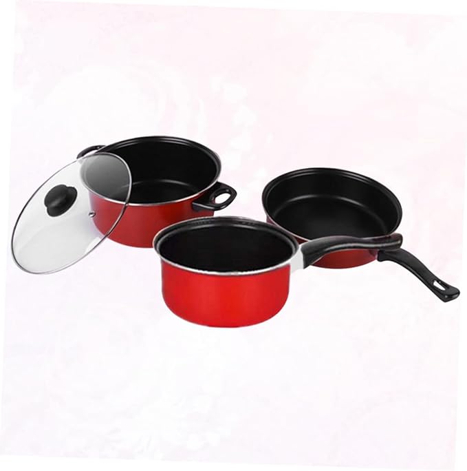 3pcs Nonstick Frying Pan Soup Pot Milk Pan Set Multifunctional Cooking Kitchen Utensils for Home Daily Use Red