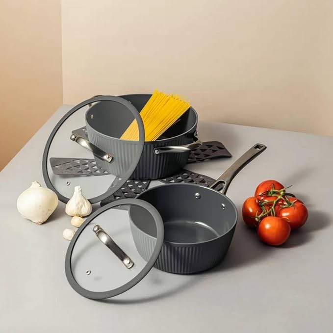 12 Pc Ceramic Cookware Set Nonstick Pots Pans and Fry Pans – Ceramic Non-Stick Ribbed Cookware Set Ergonomic Stay Cool Handles 446°F Oven Safe Dishwasher Safe (Grey)