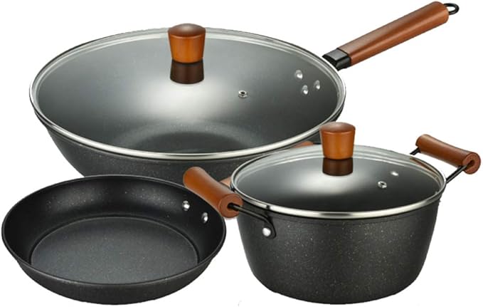 Cooking Pot Non Stick Cookware Sets3 Piece Stone-Derived Pots and PansFrying Pan and Saucepan Set for BakingBroilingFryingRoastingInduction Safe