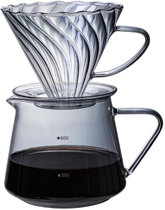 Pour Over Coffee Maker Set 600ML Glass Carafe Coffee Server with Dripper Set V60 Glass Coffee Filter for Home Office Gift 1-4 Cups (Grey)