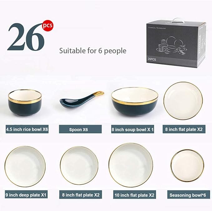 Dining Plate Set Dinnerware Sets for 2/4/6 - Dinner Plates/Sets - Plate Set - Nordic Style Dishes Set - Plates and Bowls for Home Kitchen and Dinning (Cyan White 26 pcs)