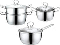 3-Piece Stainless Steel Cookware Set - Induction Safe Includes Soup Pot (20cm) Milk Pot (18cm) Steamer (22cm) with Glass Lids Ergonomic Handles Compatible with Gas &amp Induction Cookers