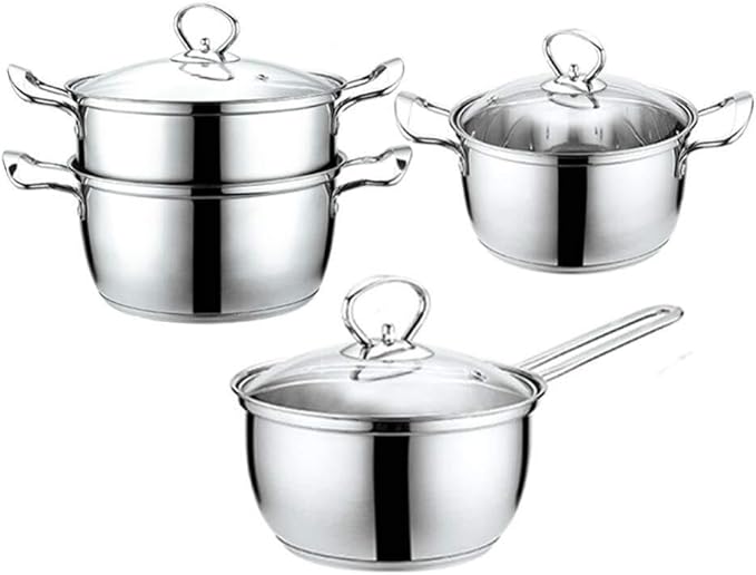 3-Piece Stainless Steel Cookware Set - Induction Safe Includes Soup Pot (20cm) Milk Pot (18cm) Steamer (22cm) with Glass Lids Ergonomic Handles Compatible with Gas &amp Induction Cookers