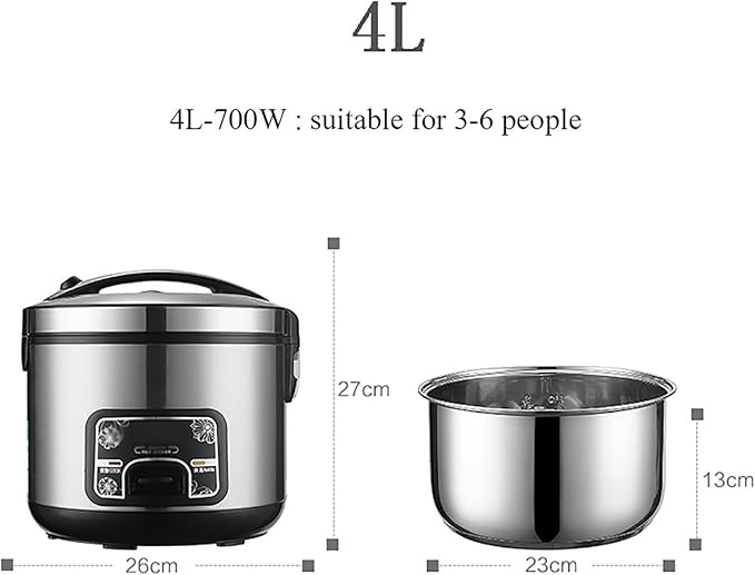 Rice Cooker (2-5L) 201 Stainless Steel Inner Pot Intelligent Insulation Make Rice &amp Steam Food &amp Vegetables 220-240V UK/EU Power(4L)