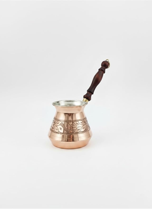 Copper Coffee Pot with Carved Design Wooden Handle 8-Cup Capacity Stovetop Coffee Maker Traditional Turkish Coffee Pot - Metallic One Size