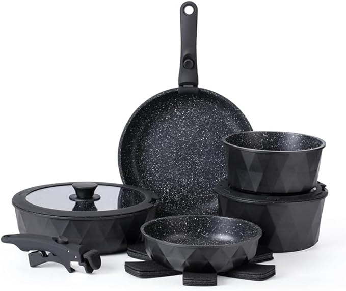Pots and Pans Set Healthy Safe Ceramic Nonstick Kitchen Cookware with Soft Touch Removable Handle CookwareCream DiamondOne-Black Diamond-One