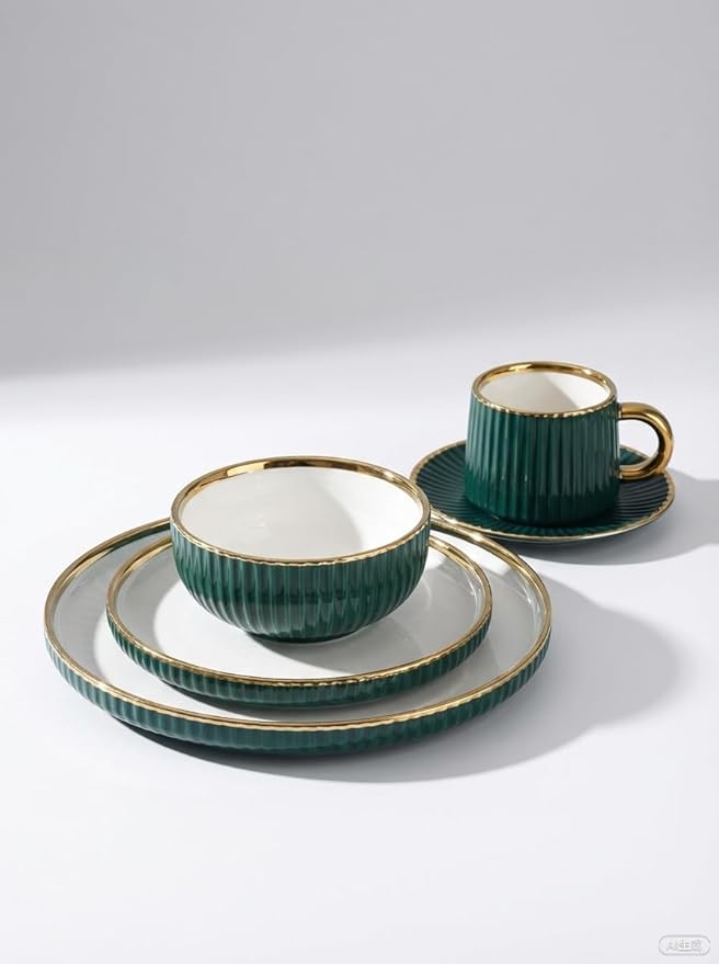 Luxury Black and White Porcelain Dinnerware Set 16 Piece Gold Rim Fluted Rim Design Service for 4 with Plates and Bowls Cups Saucers Dishwasher &amp Microwave Safe Modern (Green)