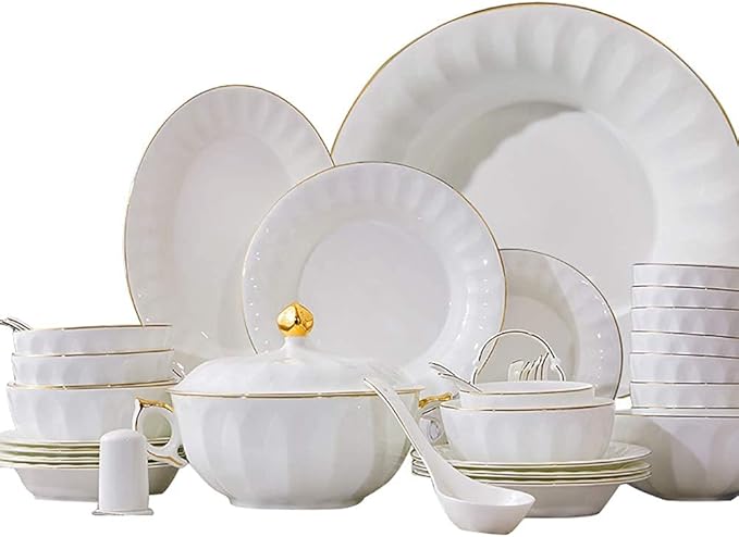 50 Pieces Dinnerware Set Porcelain Fine Bone China Home Kitchen Serving Dinner Set with White Round Cereal Bowls Plates Dishes Soup Pot with Gold Rim Service for 10