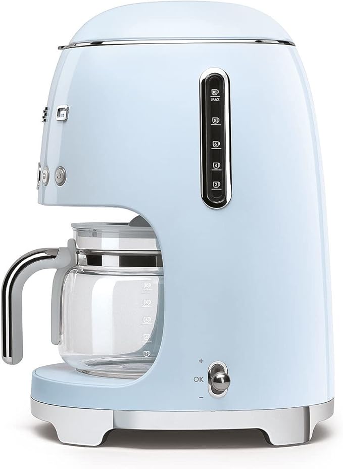 Smeg DCF02PBUK Drip Coffee Machine Auto-Start Mode Reuseable Filter Digital Display Anti-Drip System Aroma Intensity Option 1.4 Litre Tank Pastel Blue