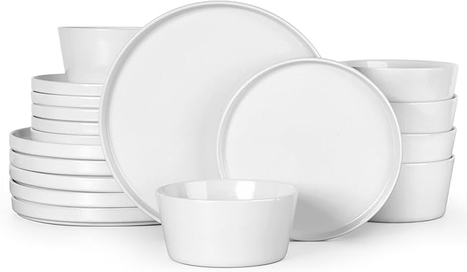 Herogo 18 Pieces Stoneware Dinnerware Dishes Set for 6 Dinner Plates and Bowls Sets Reactive Glaze Chip &amp Crack Resistant Microwave &amp Dishwasher Safe Speckled White