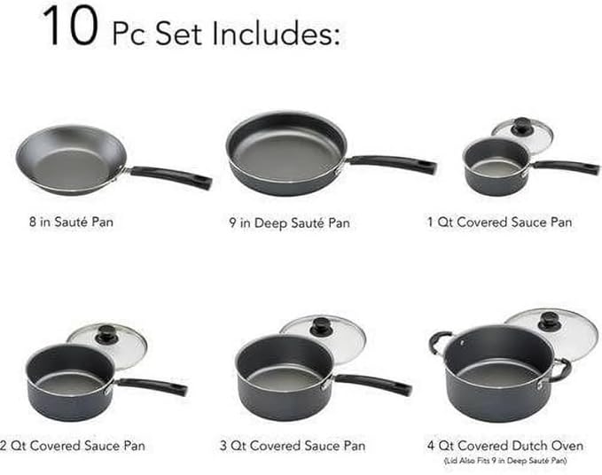 10-Piece Non-Stick Cookware Set with Non-Scald Handles and Tempered Glass Lids for Gas Electric and Ceramic Glass Cooktops Gray