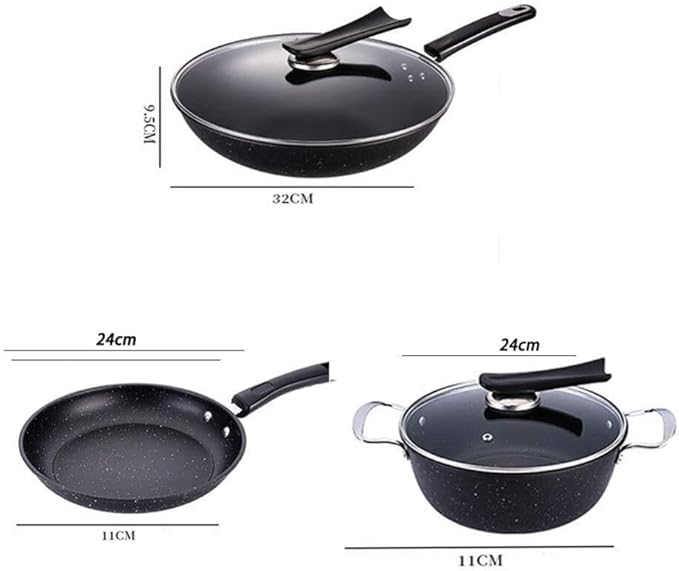 3-Piece Cookware Set with Glass Lid Non-Stick Induction Pots Wok Frying Pan Non-Scalding Handle Easy to Clean Suitable for All Heat Sources