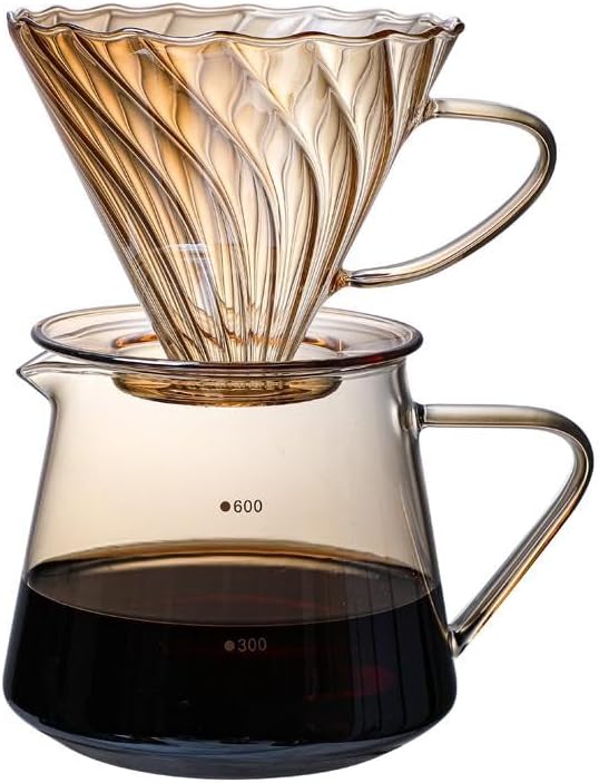 Pour Over Coffee Maker Set 600ML Glass Carafe Coffee Server with Dripper Set V60 Glass Coffee Filter for Home Office Gift 1-4 Cups (Gold)