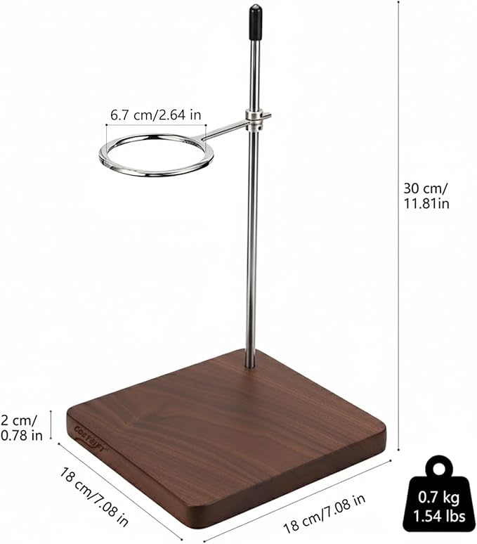 Solid North American Walnut Pour Over Coffee Stand - Adjustable Height Dripper Holder with 304 Stainless Steel Arm - Compatible with Hario V60 01 02 &amp Cone Brewers - Heavy Non-Slip Base (Stand Onl