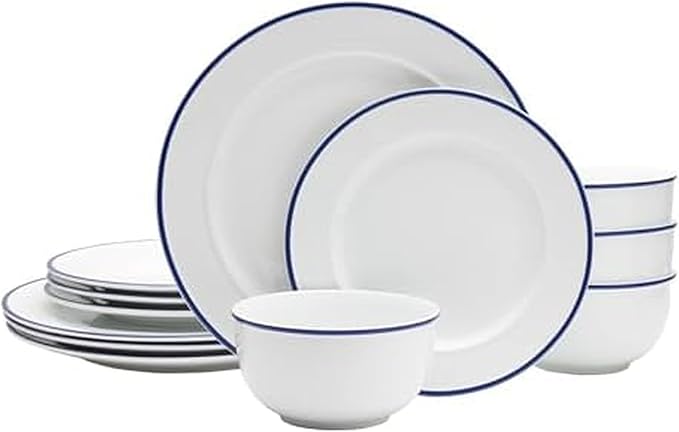 Everyday White by Fitz and Floyd Bistro Blue Band 12 Piece Dinnerware Set Service for 4