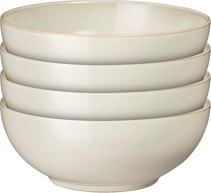 Denby - Linen Cream White Coupe Cereal Bowls Set of 4 - Dishwasher Microwave Safe Crockery - Ceramic Stoneware Tableware Natural Tones - Bowls For Soup