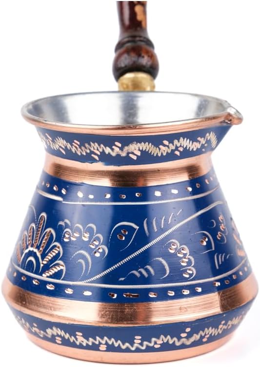 Copper Coffee Pot Erzincan Handmade 4 Person Traditional Turkish Coffee Maker with Handle for Home Kitchen Use Blue - Blue One Size