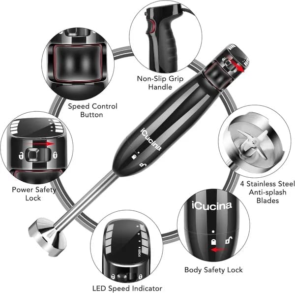 ICucina 4-in-1 Variable Speed Immersion Hand Blender with Whisk Chopper and Beaker Attachments
