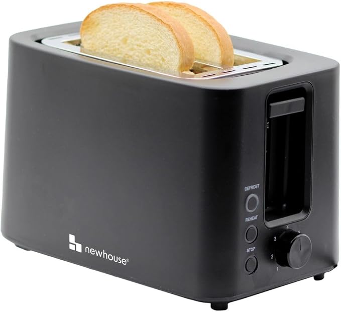 Newhouse 700W Black 2-Slice Toaster with Auto Pop-up and Auto Shut-off NHT-001-BLK Cool-to-Touch Kitchen Appliance and Apartment Essential Kitchen Countertop Staple for the Modern Home