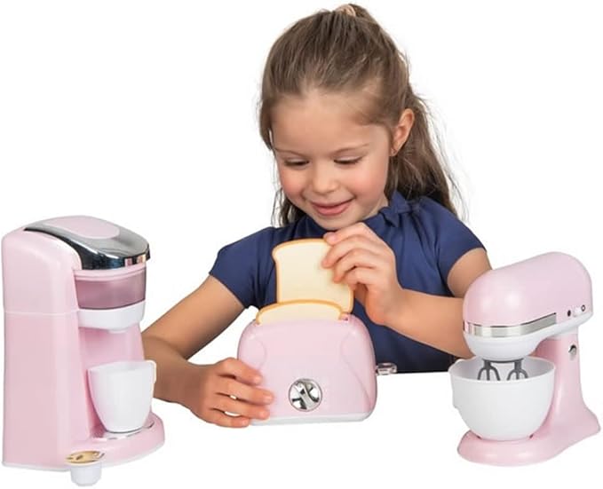Battery Operated Gourmet Kitchen APPLIANCES (Child Size) has Pink &amp White Coffee Maker w Coffee PODS Mix Master and Blender