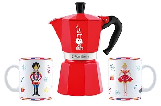 Bialetti Moka Express Iconic Italian Stovetop Espresso Maker (Red 6 Cups Bundle)
