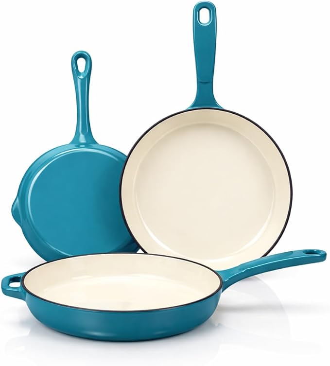Hisencn Enameled Cast Iron Frying Pan Set 3 Piece Set of Skillets(8''/9.5''/11'') PFAS &amp PTFE &amp PFOA -Free Gas/Induction/Electric/Oven Compatible Biscay Blue
