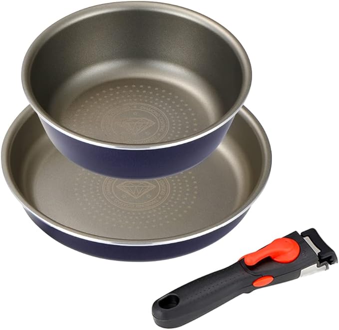 Imedia 3-Piece Frying Pan Set 9.4 inches (24 cm) &amp 7.9 inches (20 cm) Deep Non-Stick Induction Compatible Diamond Coated Navy