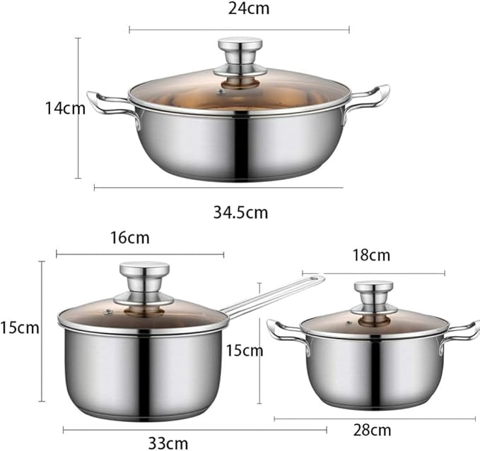Kitchen Cooking Sets 3Pcs Cookware Set Frying Pan Soup Pot Milk Pot with Glass Lid Stainless Steel Cooking Pot Set Kitchen Cookware Sets