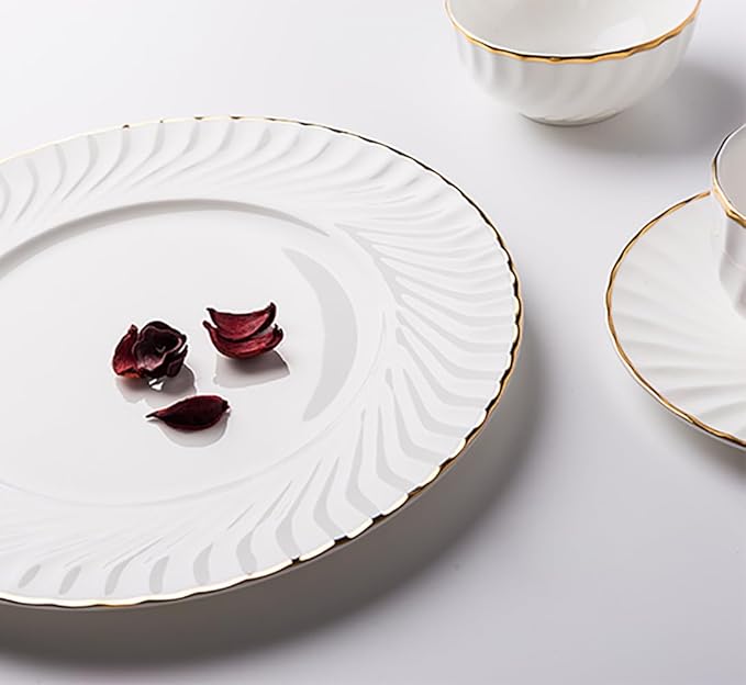 Elegant Porcelain Dinnerware Set with Gold Rim Embossed Wave Pattern 20 Piece Service for 4 Includes Dinner Plates Salad Plates Bowls Cups with Saucers Dishwasher Microwave Safe