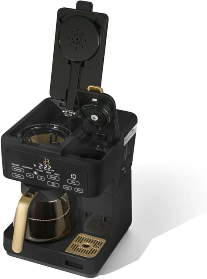 Multi-Brew Coffee Maker 12-Cup Carafe + Single-Serve Pods or Grounds Over Ice Touch Display by Drew Barrymoree. (Black Sesame)