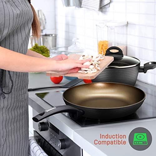 NutriChef 12-Piece Hard Anodized Nonstick Cookware Set - Induction Ready Pots &amp Pans with Elegant Ridge-Line Pattern Heat-Resistant Lacquer Gray