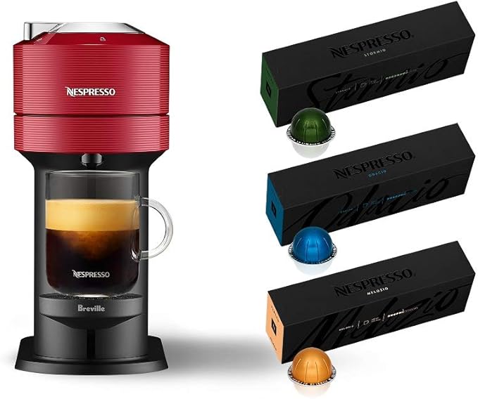 Nespresso Vertuo Next Coffee and Espresso Machine NEW by Breville Cherry Coffee Maker and Espresso Machine + Nespresso Capsules VertuoLine Medium and Dark Roast Coffee 30 Count Coffee Pods
