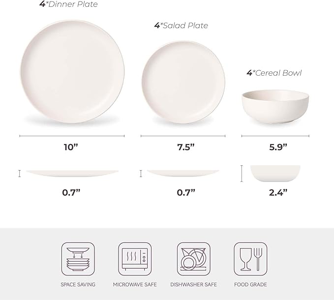 Plates and Bowls Sets 12 Pieces Modern Stoneware Dinnerware Sets Stackable Matte Glaze Kitchen Stoneware Plates and Bowls Set for 4 People Microwave and Dishwasher Safe(White)