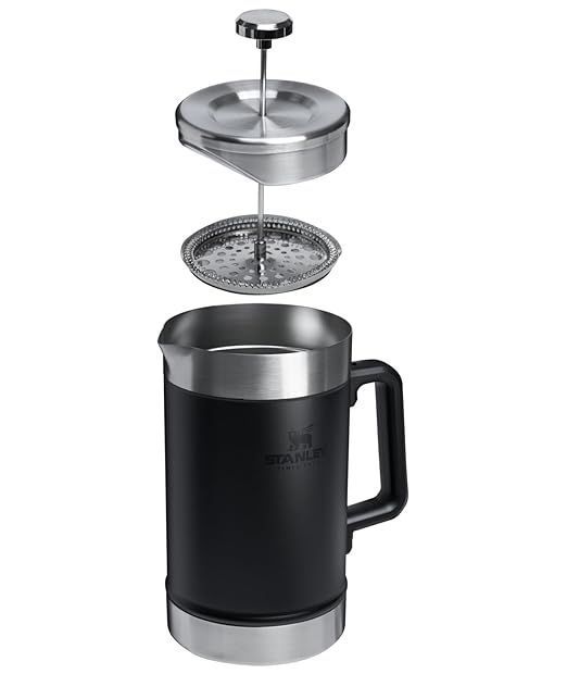 STANLEY Classic Stay-Hot French Press Coffee Maker 48 oz | 5 Minute Brew 4 Hours Hot | Mesh Filter for Coffee Grounds | Insulated Stainless Steel French Press | BPA-Free | Black 2.0