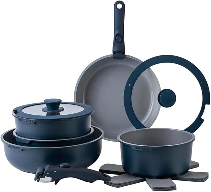 Pots and Pans Set Healthy Safe Ceramic Nonstick Kitchen Cookware with Soft Touch Removable Handle CookwareCream DiamondOne-Denim-One