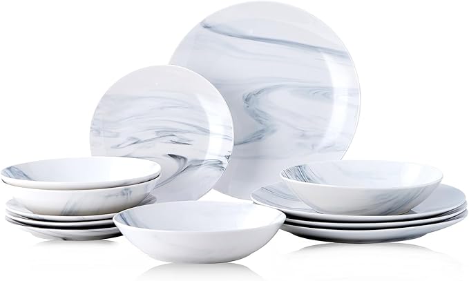 Bestone 12-Piece Round Kitchen Dinnerware Set Plates Bowls Service for 4 Blue and White Marble