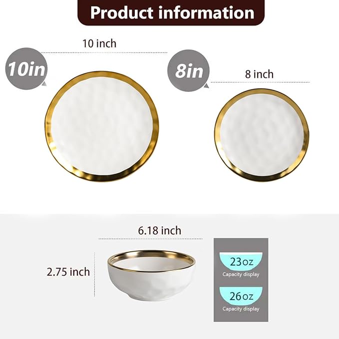 Vicrays 12-Piece Ceramic Dinnerware Set Dinner Plates Salad Plates &amp Cereal Bowls Dish Set for 4 Microwave Oven &amp Dishwasher Safe Scratch Resistant White with Golden
