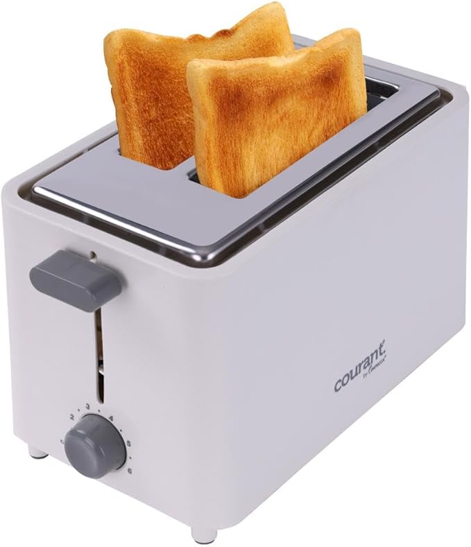 Courant 2-Slice Toaster Cool Touch with Extra Wide Slots For Bread Bagels &amp Waffle with 6 Adjustable Shade Settings Crumb Tray &amp Cancel Function Extra-Lift Feature compact Design – White