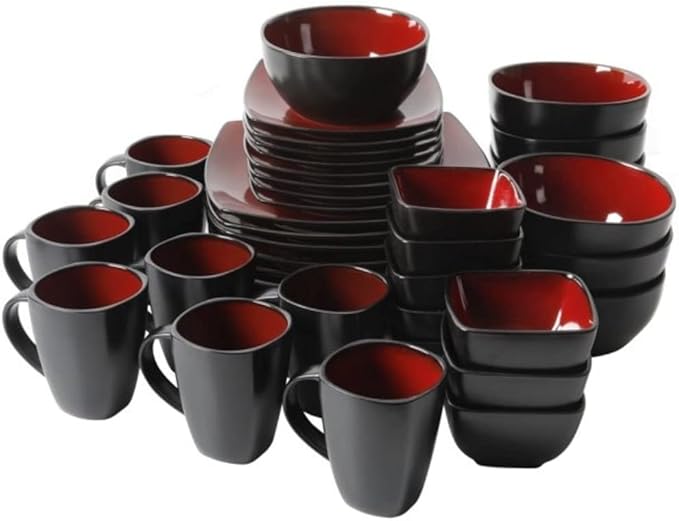 40 Piece Square Two-Tone Stoneware Dinnerware Set For 4 | Reactive Glaze FinishDishwasher &amp Microwave Safe Expertly Crafted | Perfect for Kitchen Dining Durable Red/Black Shade Modern Appearance
