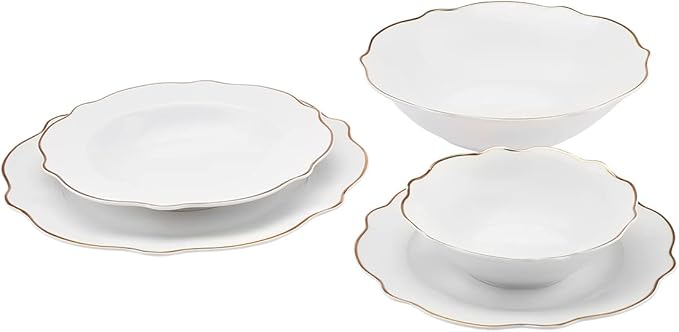 KARACA Daisy Gold Wave Shape Boat 27-Piece Porcelain Crockery Set for 6 People - Serving Plates Cake Plate Bowls Deep Plate - Daily and Special Tableware