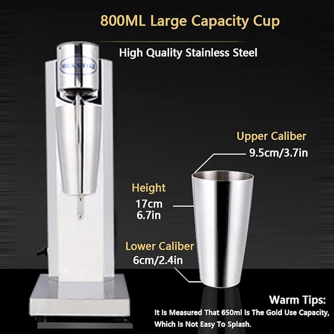 180W Milkshake Machine Commercial Stainless Steel Electric Milk Shake Maker Drink Mixer 2-Speed Smoothie Milk Ice Cream Blender with 800ML Cup (Single Head)