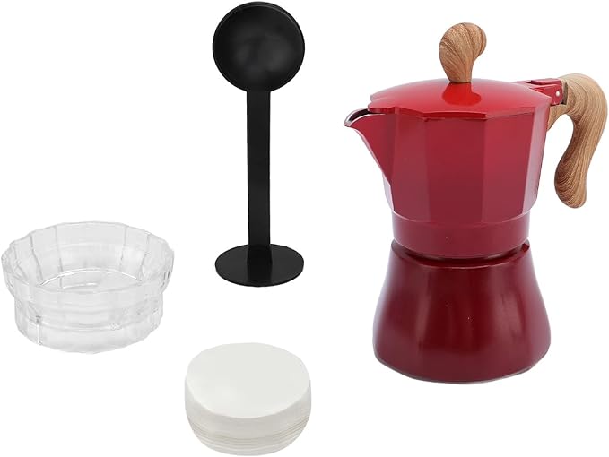 JTLB Italian Coffee Maker 150ml Single Valve Coffee Pot with Coffee Distributor Spoon Paper Filter 3 Cups (Gradient Red)