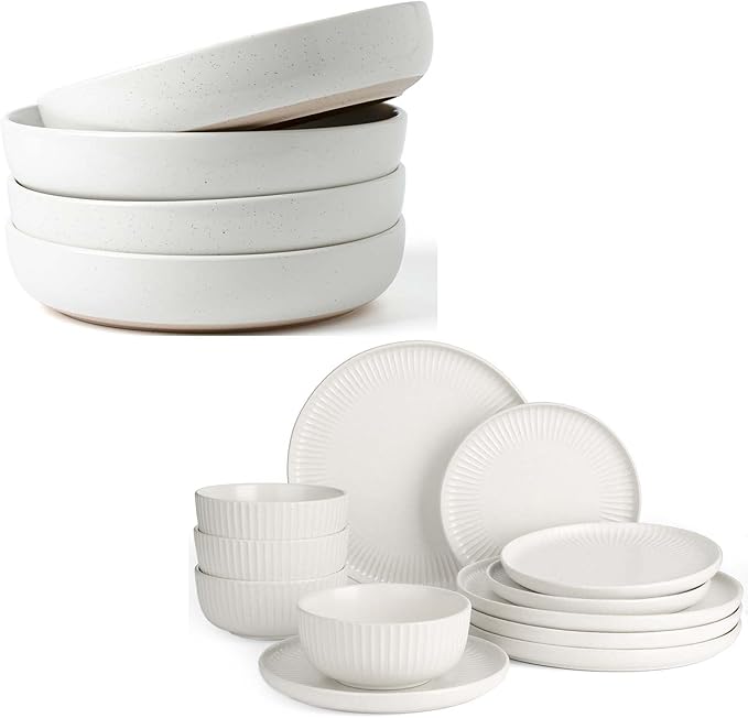 Famiware Dinnerware Sets Plates and Double Bowls Dish Set of 4 (16 Pieces) - Dishwasher &amp Microwave Safe Chip Resistant Reactive Glaze