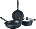 3-Piece Wrought Iron Cookware Set – Medical Stone Non-Stick Wok Frying Pan &amp Soup Pot with Glass Lid for Gas Stoves