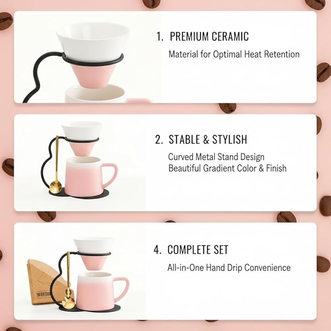 Pour Over Coffee Maker setCeramic Coffee Maker With V60 40 pcs Paper FilterMetal Stand 9oz 270ml mug Pour Over Coffee Dripper Pink
