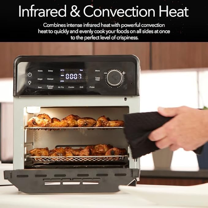 Nuwave Smart Air Fryer Oven with POWERPORT™ Plug-In Grill for Dual-Zone Efficient Cook 100 in 1 Advanced Convection Toaster Oven Countertop w/Insulated 2-Glass Door 450°F Preheat Stainless Steel